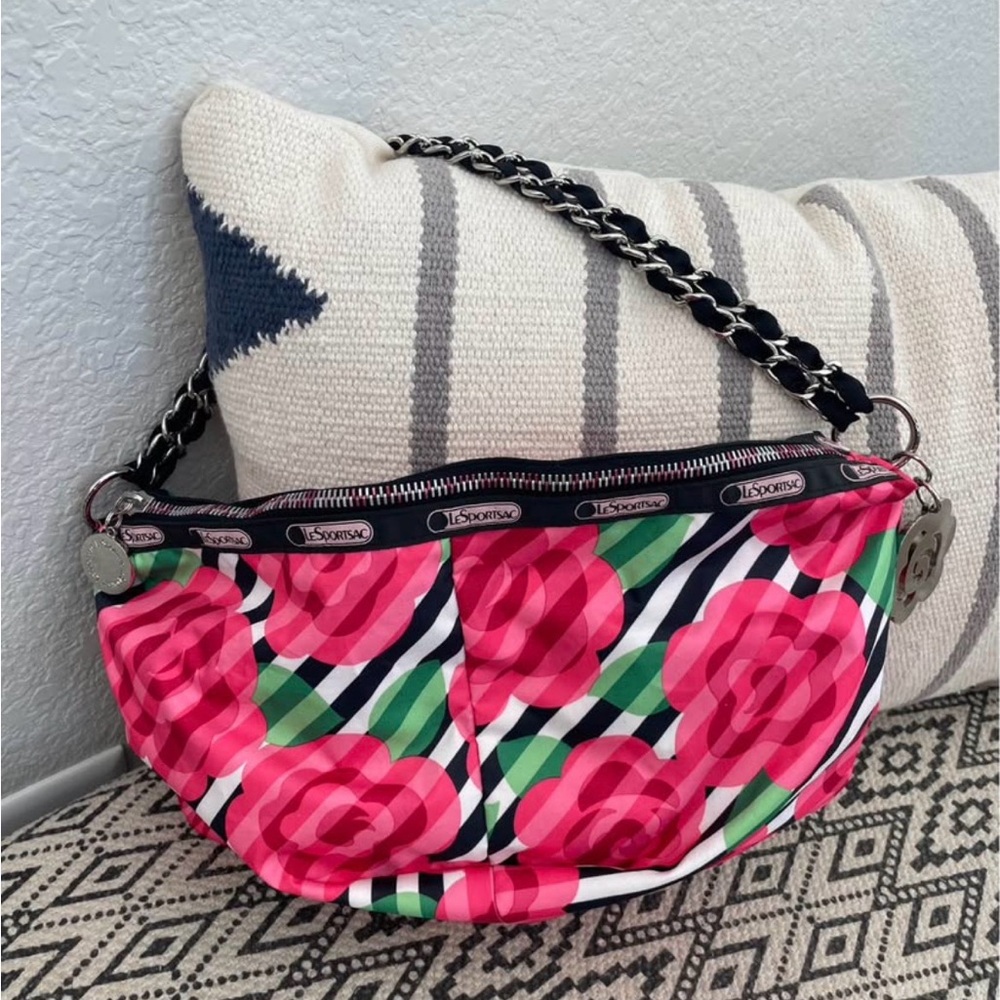 LeSportsac THE OC Tijuana Rose convertible shoulder bag grosgrain ribbon chain